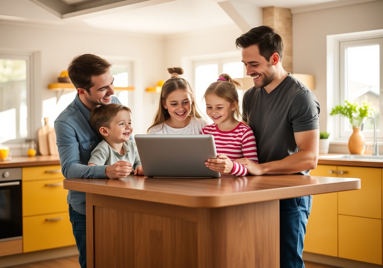 Happy family looking at tablet showing Patchly budget dashboard