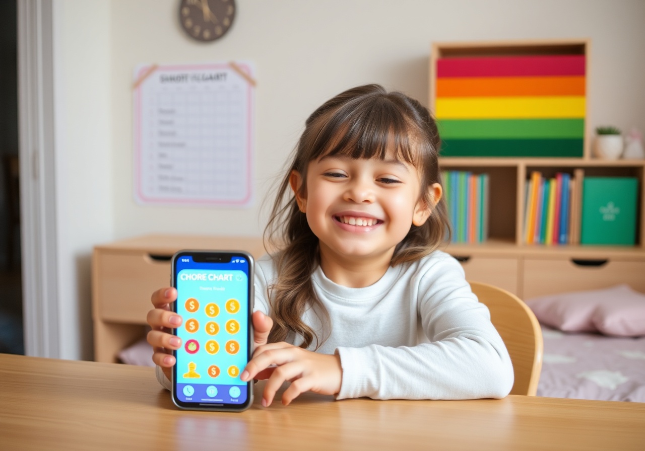 A cheerful child holding a phone showing a colorful savings goal screen