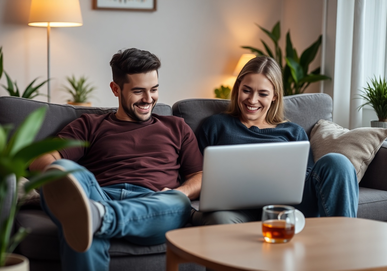 A happy couple sitting on a cozy couch, sharing a tablet and smiling at their finances together