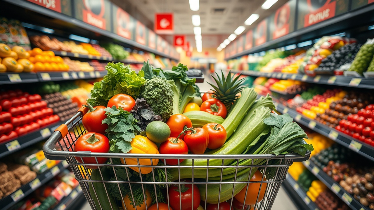 Bright colorful overflowing grocery cart with fresh produce