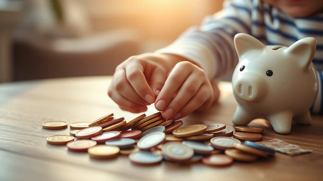 A young child counting colorful coins on a wooden table