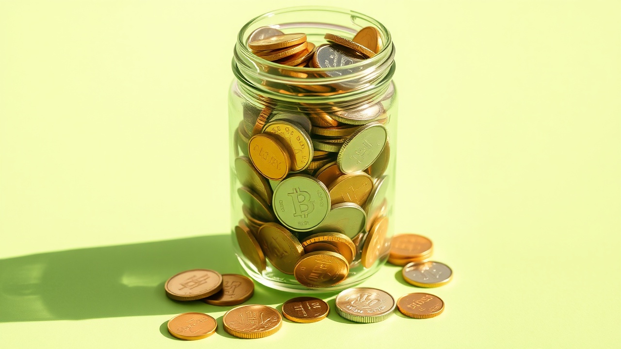 A glass mason jar filling up with golden coins in bright sunlight