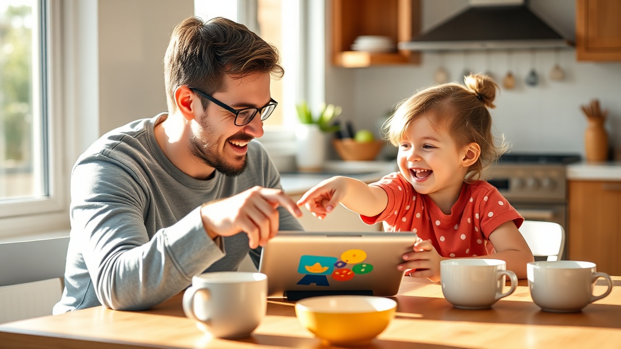 Parent and child laughing at a kitchen table with a tablet