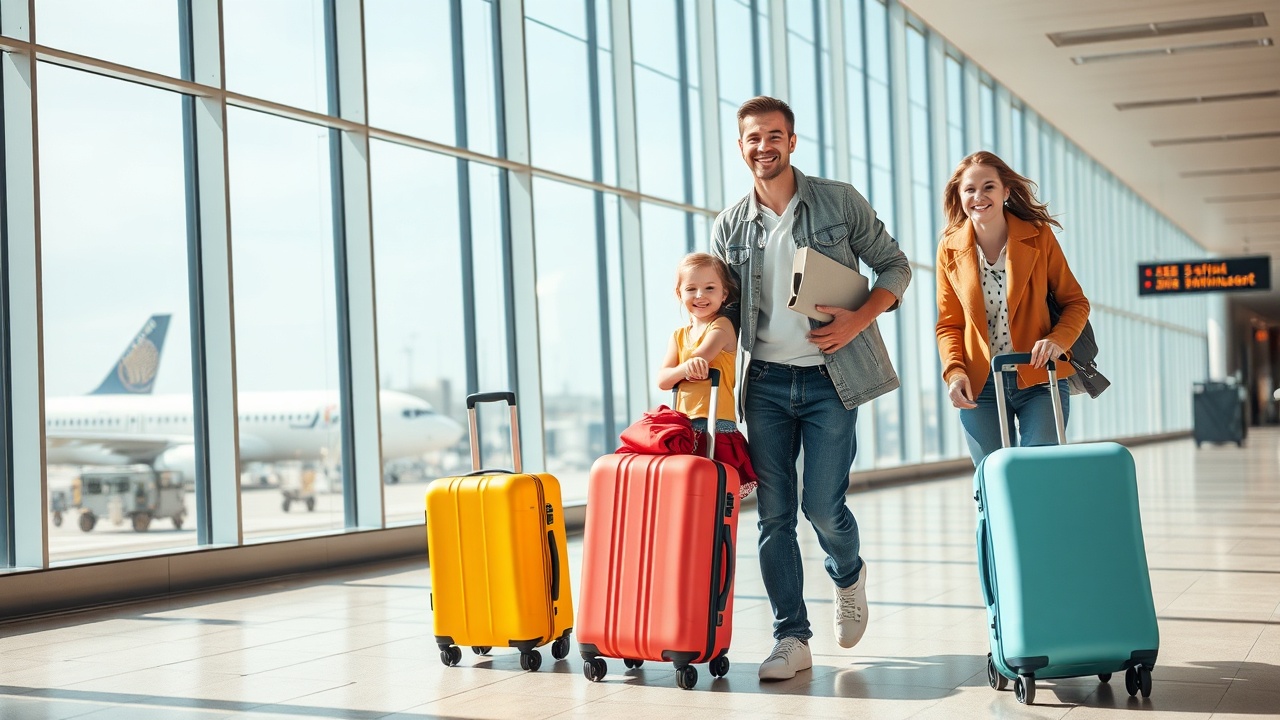 The Miller family smiling at an airport with colorful luggage, looking happy and relaxed