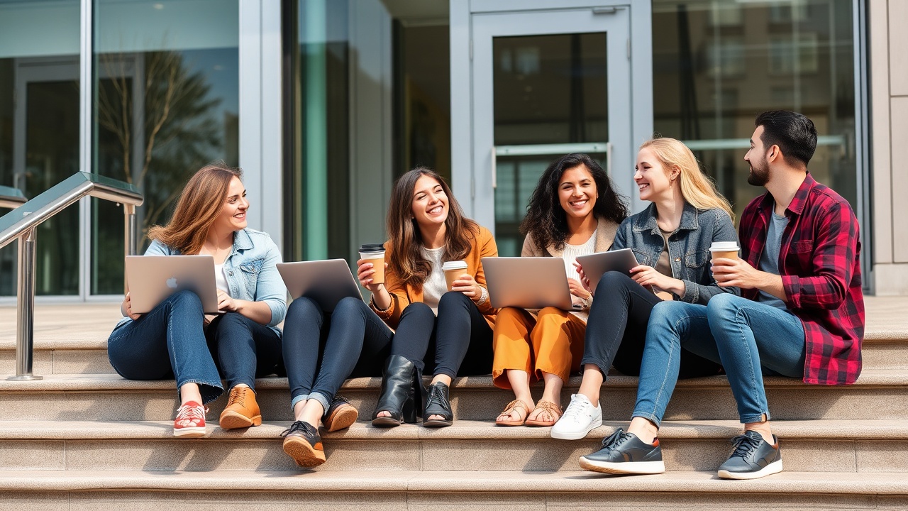 Happy Patchly team members in a bright, colorful open office space
